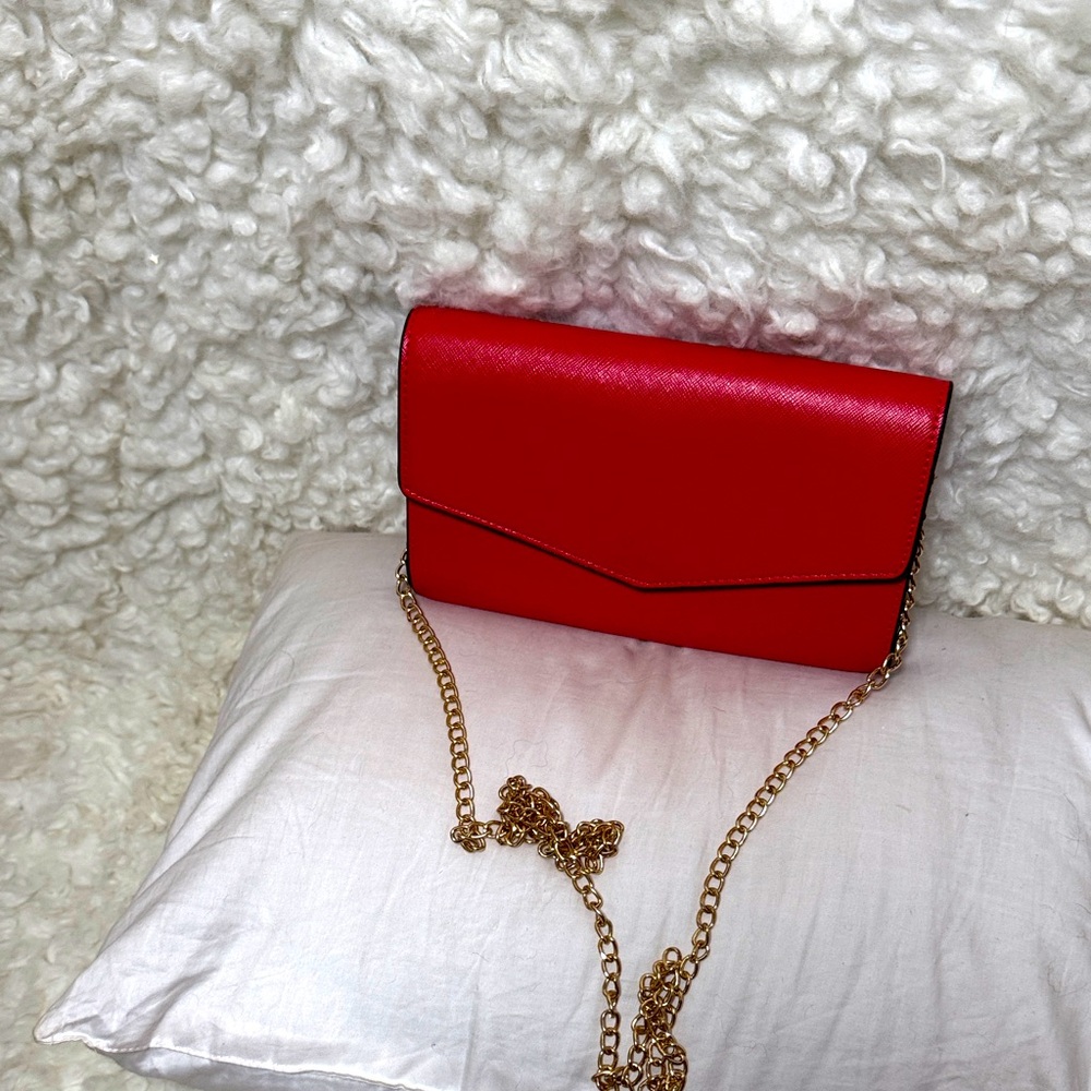 Olga Berg Vibrant Red Clutch with Gold Chain
